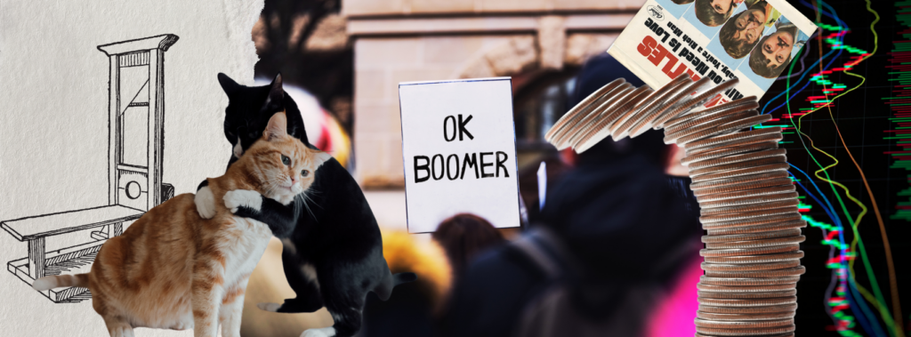 A digital collage with an old timey drawing of a guillotine, a sign at a protest which says 'Ok Boomer', cats hugging, a tower of coins toppling, The Beatles 'All You Need Is Love' single album, and a graph from a high frequency trading platform.