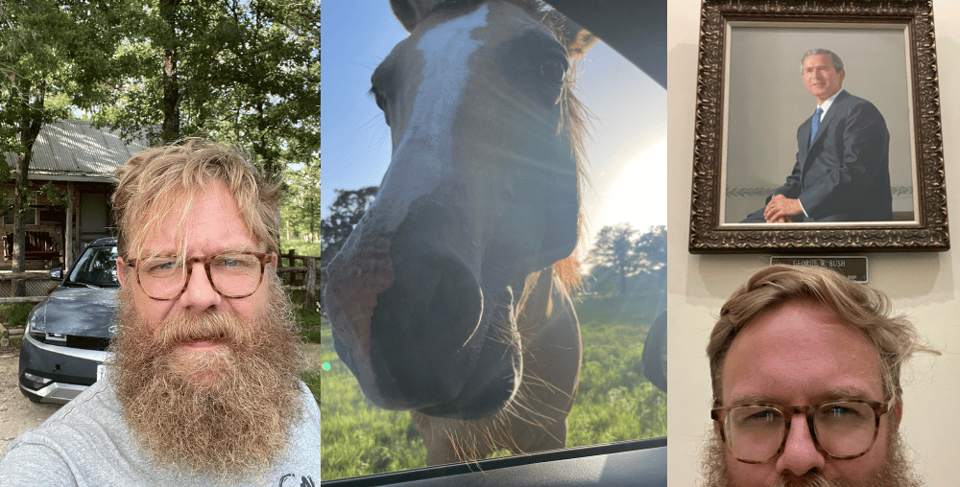 Three images of 1. JJW in front of his cabin in the woods. 2. A horse friend who is trying to stick its head in my car. 3 Painting of a war criminal at the Texas State Capitol.