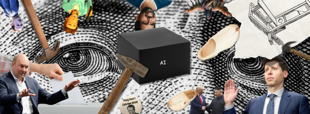 A digital collage of hammers, AI spruikers, sabots, and democratic things.