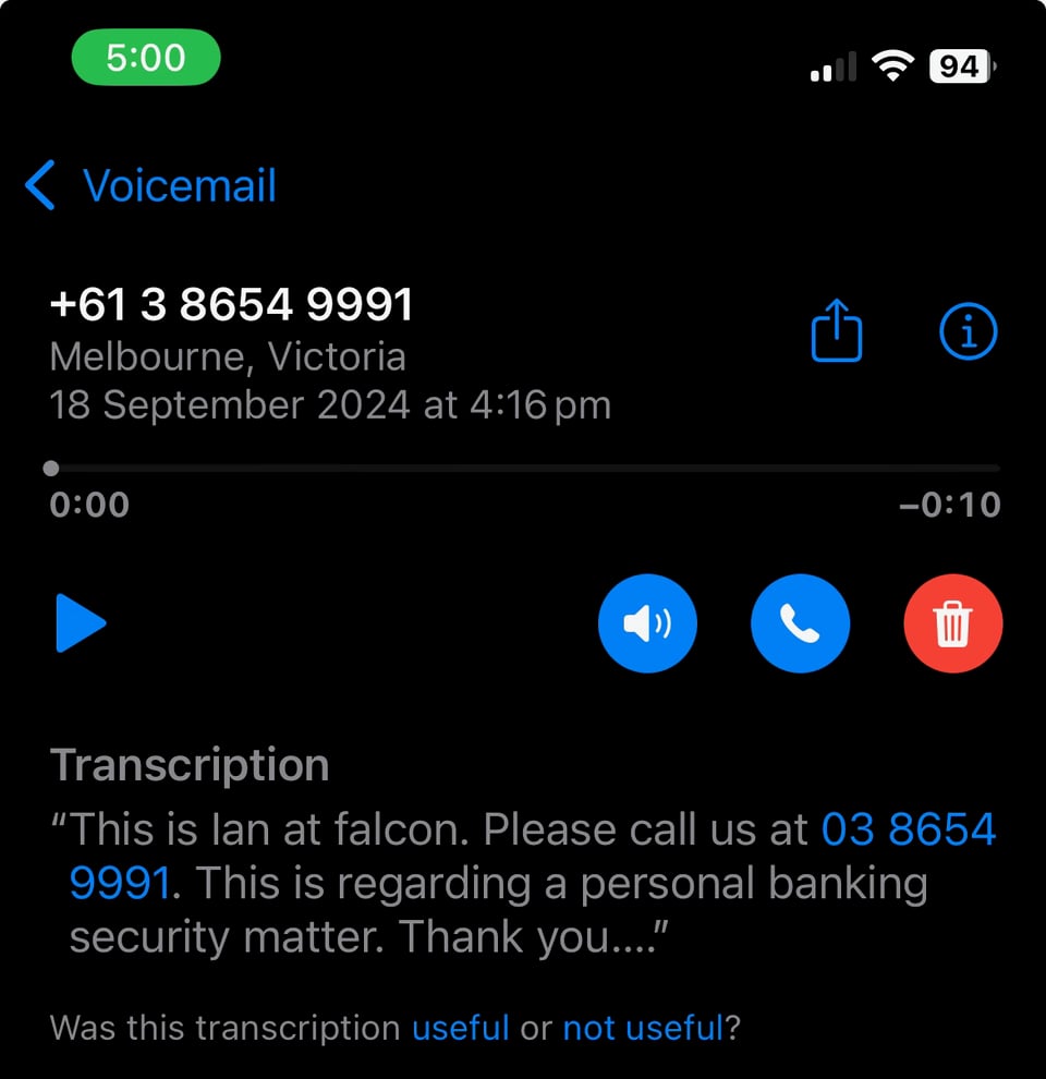 A screenshot of a voicemail on a mobile phone. Transcript in main body text below.
