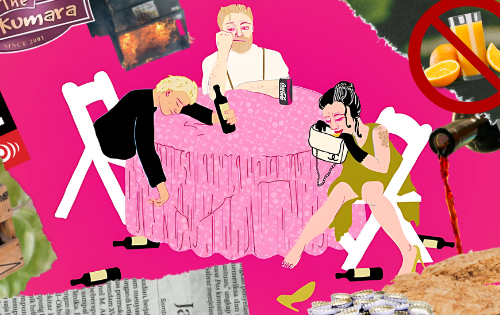 A digital collage centred around an illustration of a sober person sitting at table looking sad as people are drinking heavily.