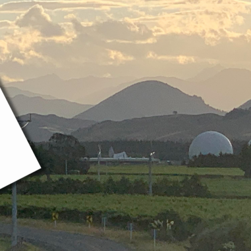 Sunset at New Zealand's spy base in Waihope overlaid with the album cover of Shihad's 2014 FVEY and the book cover of Nicky Hager's Dirty Politics. Teeny John Key is peaking out too.