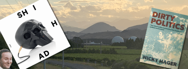 Sunset at New Zealand's spy base in Waihope overlaid with the album cover of Shihad's 2014 FVEY and the book cover of Nicky Hager's Dirty Politics. Teeny John Key is peaking out too.
