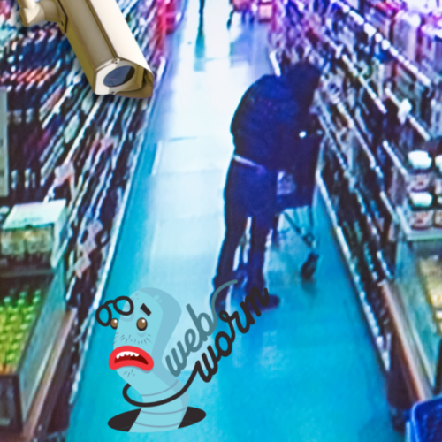 A digital collage with a photo of a monitor showing a person shoplifting in a supermarket with security cameras crudely photoshopped on i.t