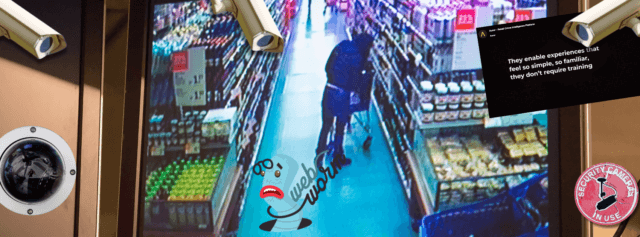 A digital collage with a photo of a monitor showing a person shoplifting in a supermarket with security cameras crudely photoshopped on i.t