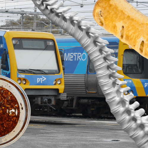 A digital collage of elements of this story including trains, paintball guns, chilli oil, a spine, and sausage rolls.
