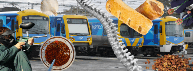 A digital collage of elements of this story including trains, paintball guns, chilli oil, a spine, and sausage rolls.