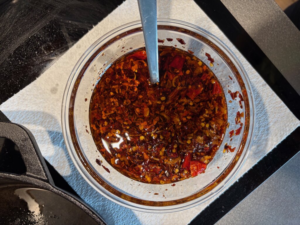 A bowl of crispy chilli oil.