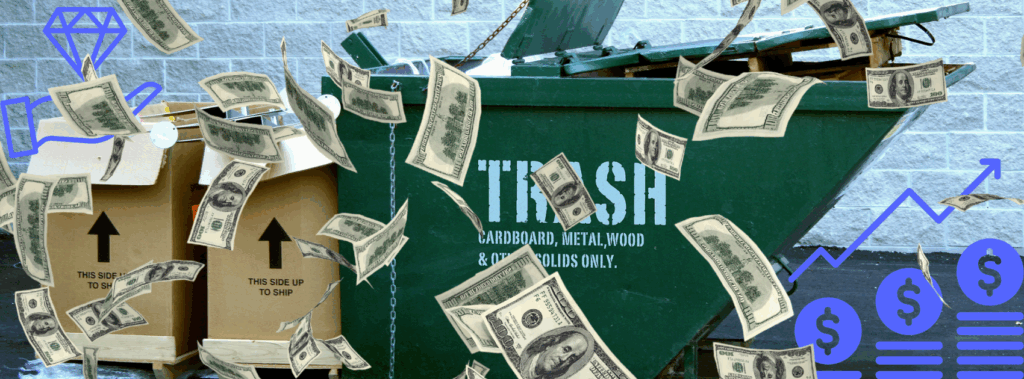 A digital collage which has $100 bills raining down on top of an image of a green dumpster. There is also a line graph with number go up and a diamond hands icon.