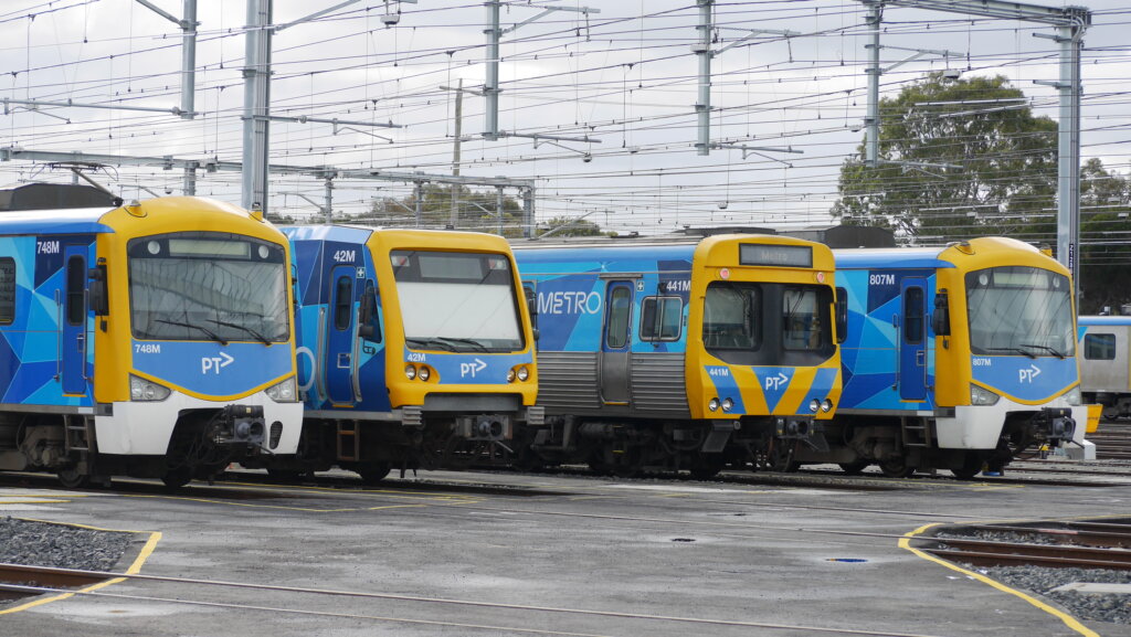 Four Metro Trains Melbourne Trains lined up in the Kananook Train Stabling Yard.