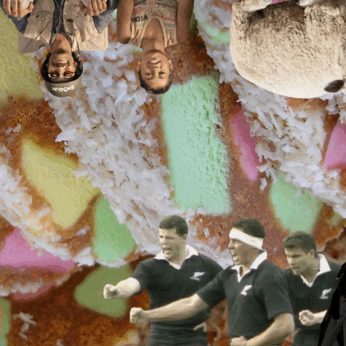 A digital collage of things from the story inclduing lolly cake, gandalf on an eagle, All Blacks, Kiwifruit, a NZ $100 note, a sheep, the characters from Boy and a cartoon of Richard Seddon.
