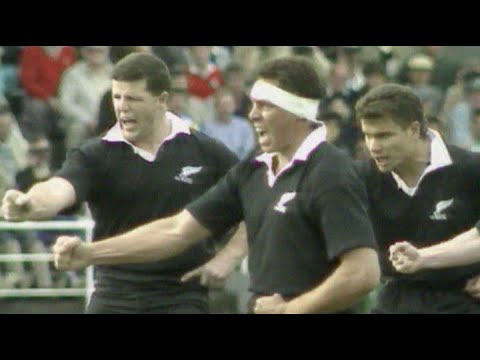 A screenshot of an All Blacks test with Buck Shelford and Sean Fitzpatrick doing the Haka