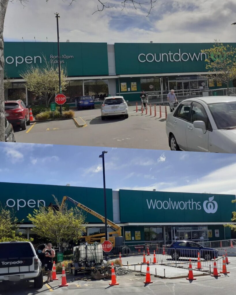Before and after the rebrand of the Christchuch Countdown/Woolworths from a reddit post.