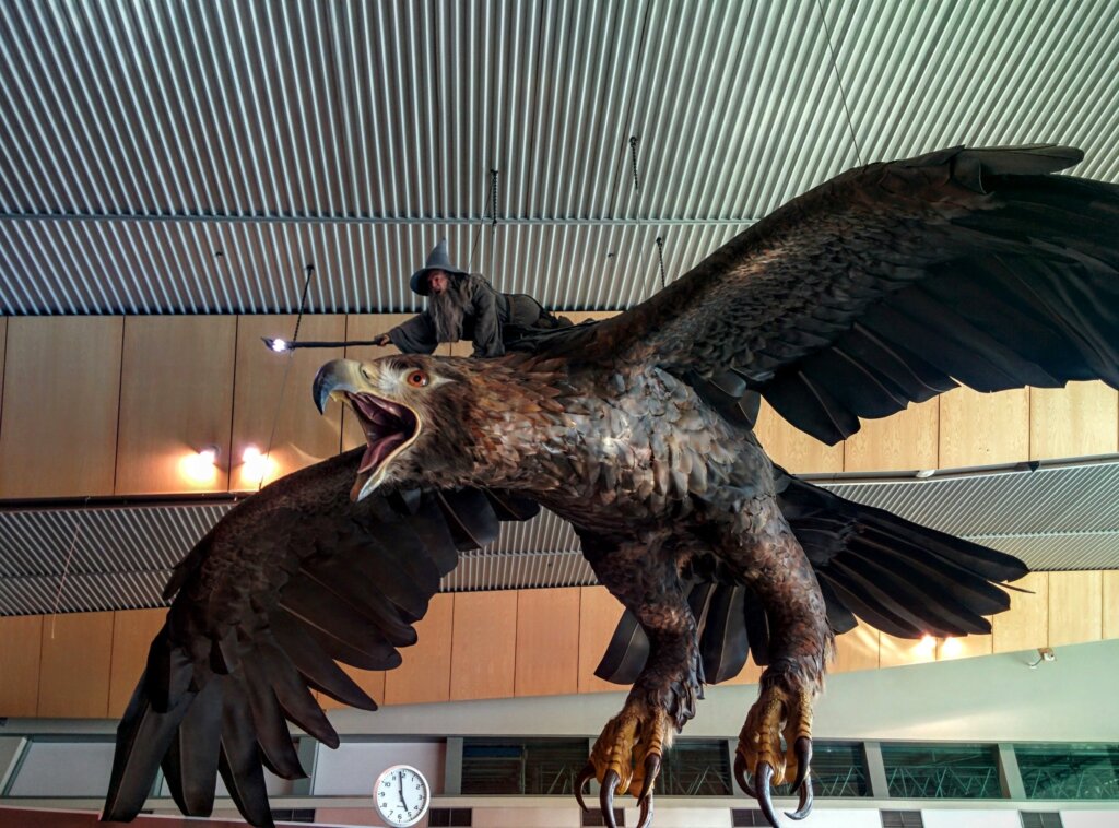 A giant eagle with Don Henley (dressed as Gandalf) swoops down onto passengers at Wellington Airport. Photo by Steve Upton on Flickr.