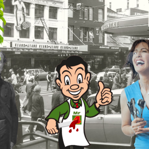 A digital collage with elements of the below story including: Gareth Morgan with cat moustache. George Augustus Selwyn. Four Square’s Cheeky Charlie (holding a bloody knife). Briscoes Lady. NZ Icecreams on a stick. Illustrations from Childrens books about Māori legends.