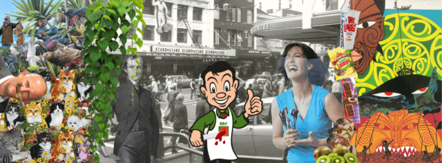 A digital collage with elements of the below story including: Gareth Morgan with cat moustache. George Augustus Selwyn. Four Square’s Cheeky Charlie (holding a bloody knife). Briscoes Lady. NZ Icecreams on a stick. Illustrations from Childrens books about Māori legends.