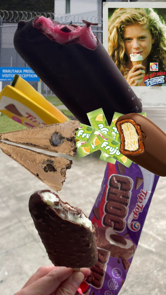 A digital collage of Jelly Tip, Fruju, Memphis Meltdown, Choc Bar, Trumpets, and a post of Rachael Hunter out side the front of Rimutaka Prison.