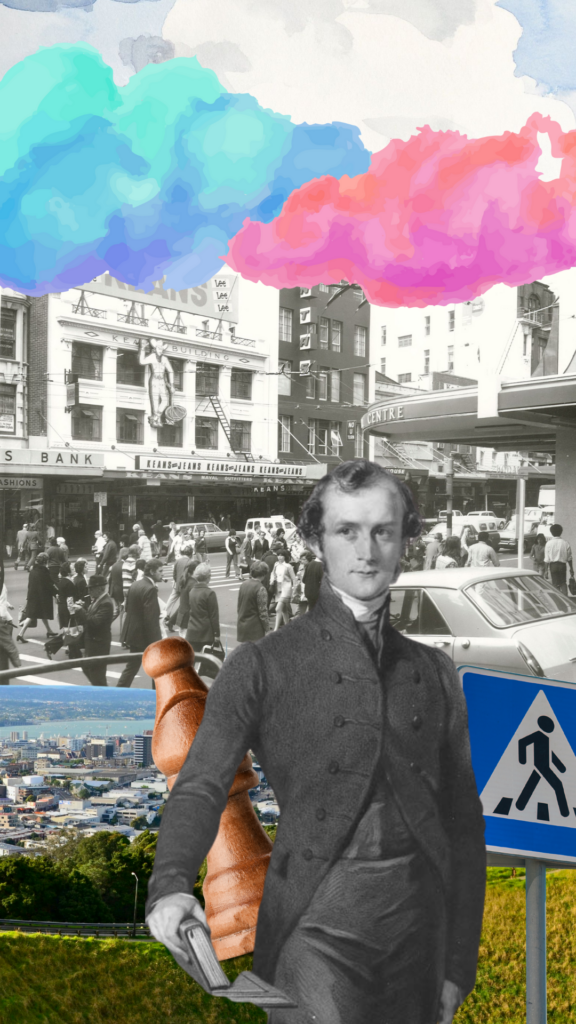 Digital collage of a black and white painting of George Augustus Selwyn standing in front of Auckland’s present day skyline with a historic photo of the corner of Queen and Victoria streets in Auckland when they introduced ‘Barnes Scramble’ crossings. There is also a wooden bishop chess piece and a pedestrian crossing sign behind George. Water colour clouds along the top.
